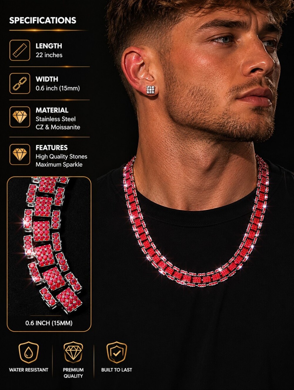 Red CZ & Moissanite Iced-Out Necklace | Stainless Steel Statement Chain